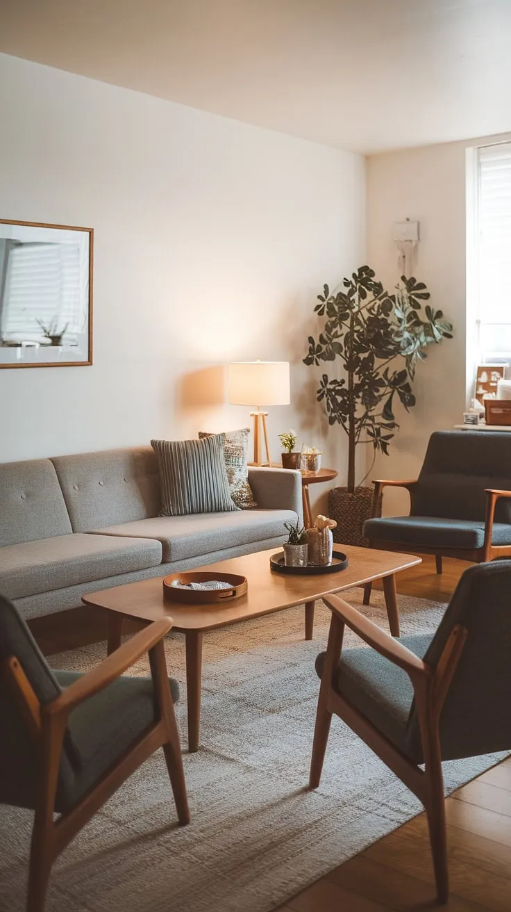 This mid century modern family room exudes warmth and style.  A mid century grey couch sits at the heart of the space, perfectly complementing the cozy mid century decor and mid century modern designs.  The room's eclectic Scandinavian design, infused with elements of mid century bungalow design, creates a sophisticated yet relaxed atmosphere, showcasing the best of modern retro decor and midcentury contemporary design.
