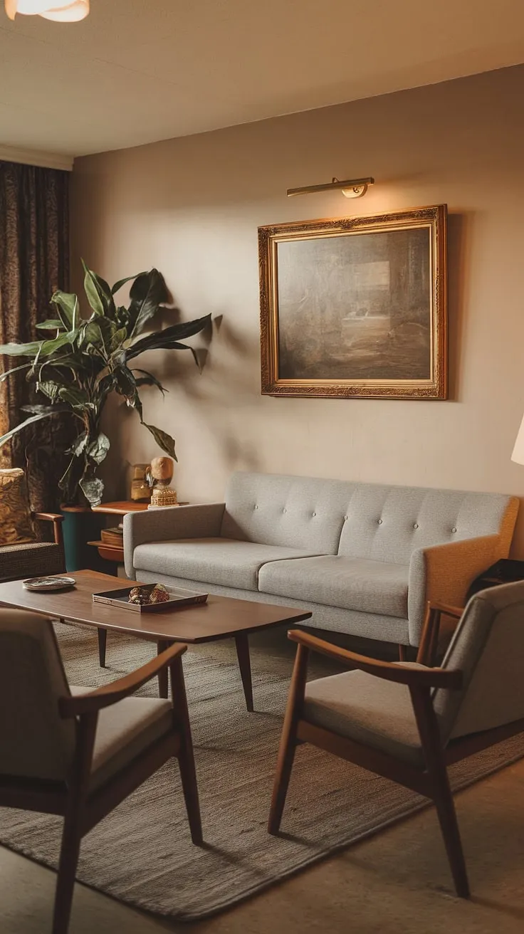 This mid century modern family room embodies cozy mid century decor at its finest.  A mid century grey couch sits proudly amidst a carefully curated collection of mid century modern designs, showcasing the best of mid century Scandinavian design and subtly hinting at mid century bungalow design influences. The result is a space that's both stylish and inviting, a perfect example of modern retro decor within a midcentury contemporary design aesthetic.