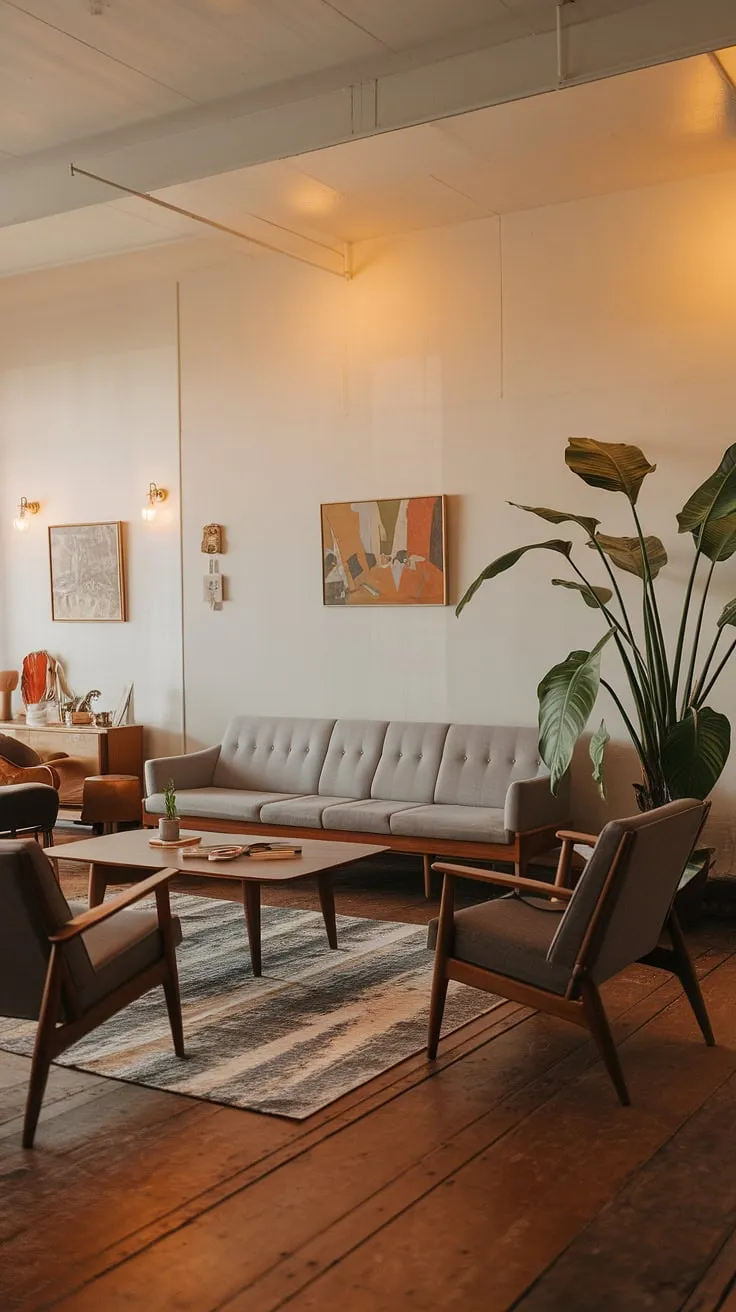 This mid century modern living room effortlessly blends cozy mid century decor with sleek midcentury contemporary design.  The mid century grey couch is the star, surrounded by carefully curated mid century modern designs, including a mid century scandinavian design coffee table and thoughtfully placed accessories.  The space feels both inviting and stylish, a testament to the enduring appeal of mid century bungalow design and eclectic scandinavian design principles.