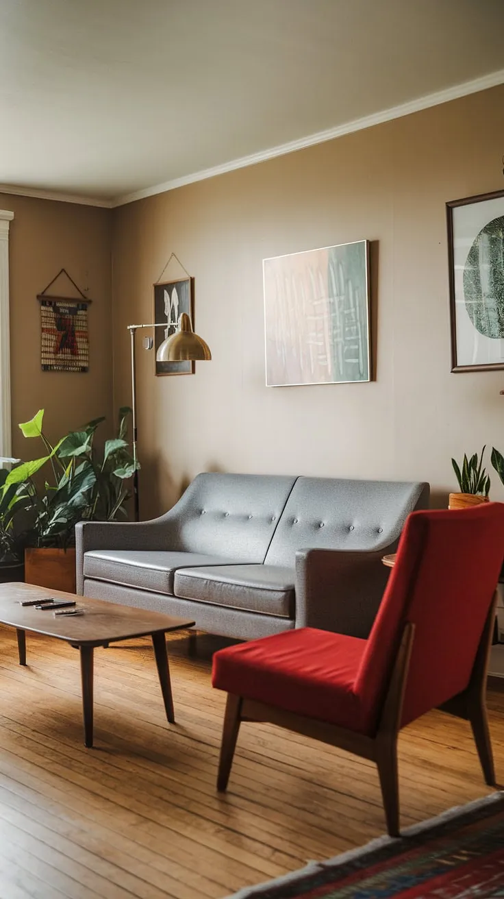 This mid century modern living room perfectly blends cozy mid century decor with a touch of eclectic scandinavian design. The mid century grey couch is the star, but the red accent chair and brass lamp add pops of personality.  The hardwood floors and beige walls create a neutral backdrop for the mid century modern designs, while the green plant adds a touch of nature.  This space effortlessly combines mid century bungalow design elements with midcentury contemporary design, resulting in a truly stunning modern retro decor aesthetic.