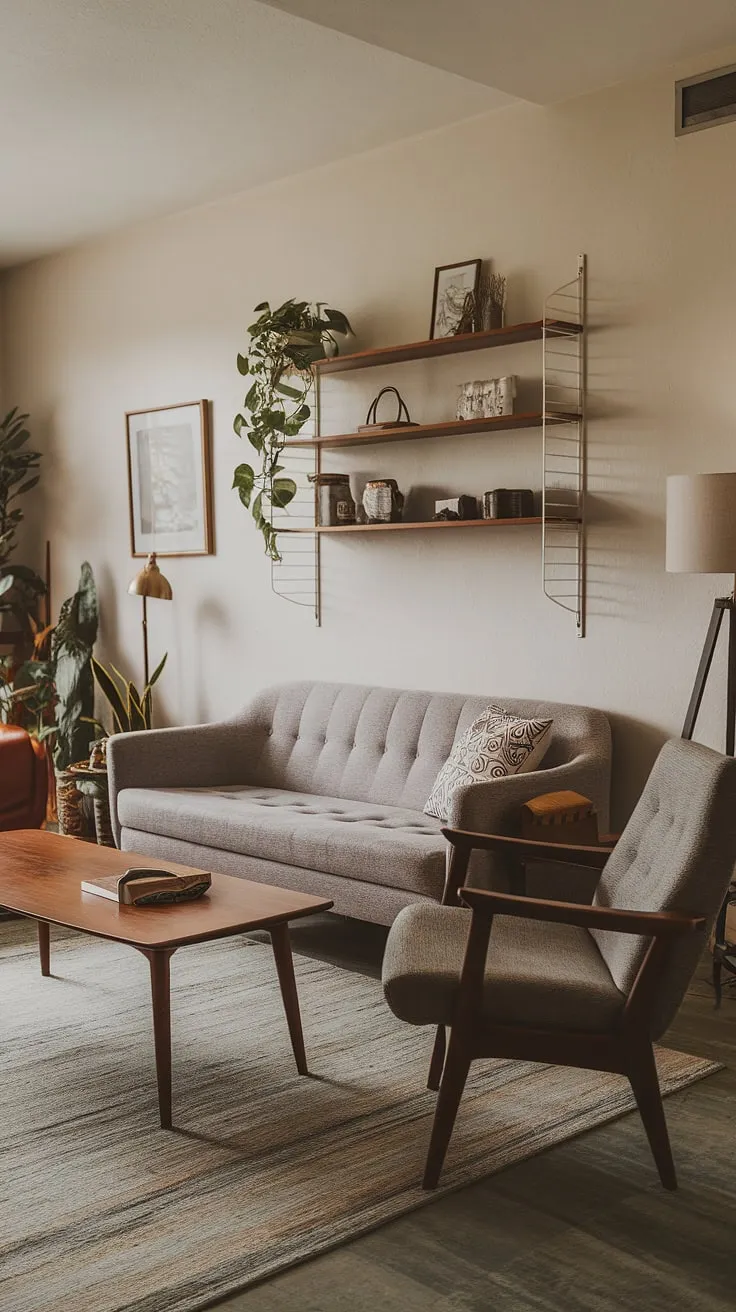 This mid-century modern family room effortlessly blends mid century scandinavian design with modern retro decor. The mid-century grey couch anchors the space, complemented by carefully curated mid century modern designs and a touch of eclecticism.  The result? A cozy mid century decor that feels both timeless and effortlessly chic, perfect for a mid-century bungalow design or any home seeking a touch of midcentury contemporary design.