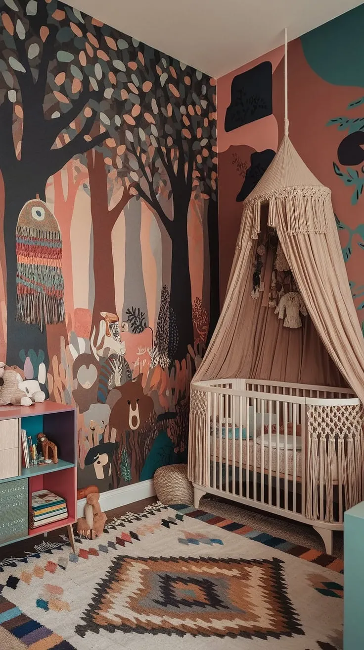 A whimsical baby nursery bursting with eclectic nursery decor and a colorful nursery aesthetic.  This maximalist nursery theme showcases unique nursery concepts, blending boho nursery ideas into a vibrant baby room that's truly one-of-a-kind.