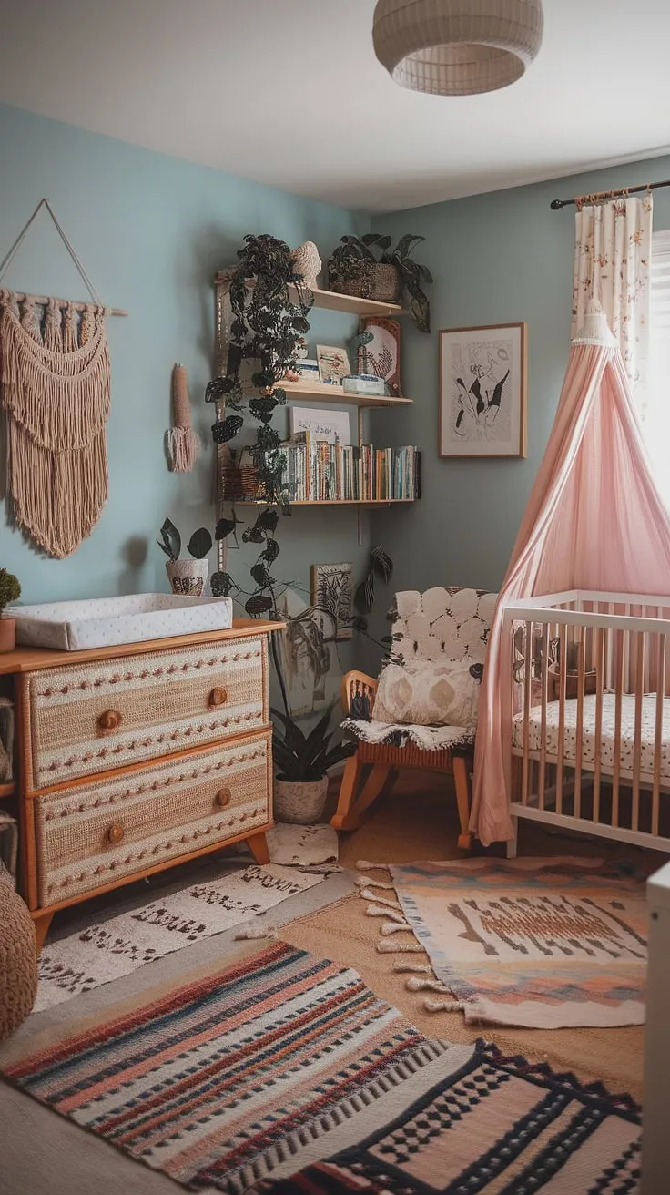 Step into a whimsical baby nursery where eclectic nursery decor meets a colorful nursery aesthetic.  Boho nursery ideas bloom in this maximalist nursery theme, showcasing unique nursery concepts and vibrant baby rooms filled with pattern, texture, and playful spirit.