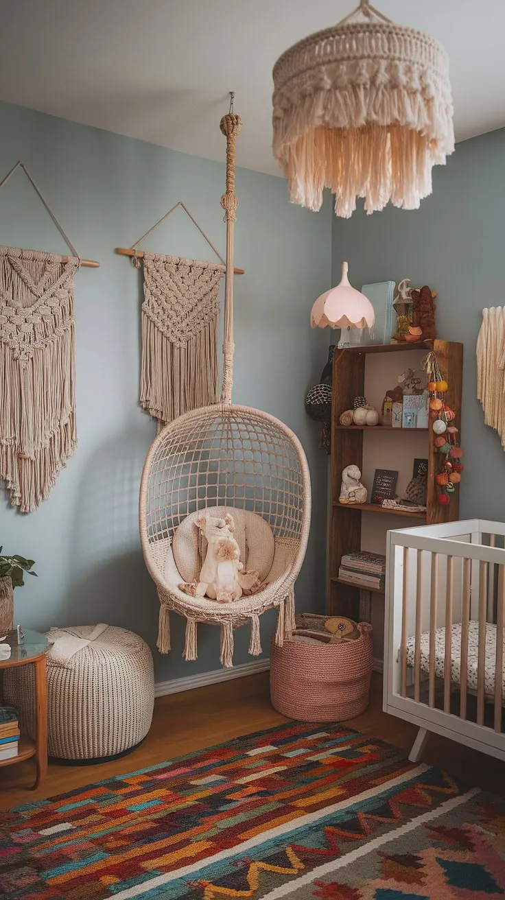 This eclectic nursery decor bursts with color and whimsy, a vibrant celebration of life's little joys.  Boho nursery ideas meet a maximalist nursery theme in this unique nursery concept, creating a colorful nursery aesthetic that's both playful and sophisticated.  A truly whimsical baby nursery, brimming with personality.