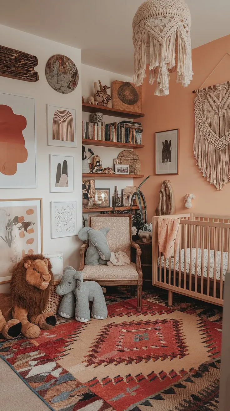 A whimsical baby nursery bursting with eclectic nursery decor and a colorful nursery aesthetic.  This maximalist nursery theme showcases unique nursery concepts, blending boho nursery ideas into a vibrant baby room that's truly one-of-a-kind.