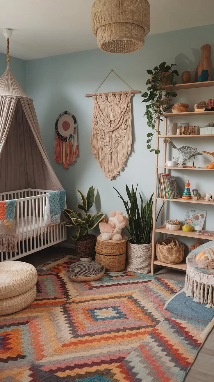Dive into a world of vibrant baby rooms with this eclectic nursery decor.  Boho nursery ideas meet a maximalist nursery theme in this unique nursery concept, creating a colorful nursery aesthetic that's both playful and sophisticated.