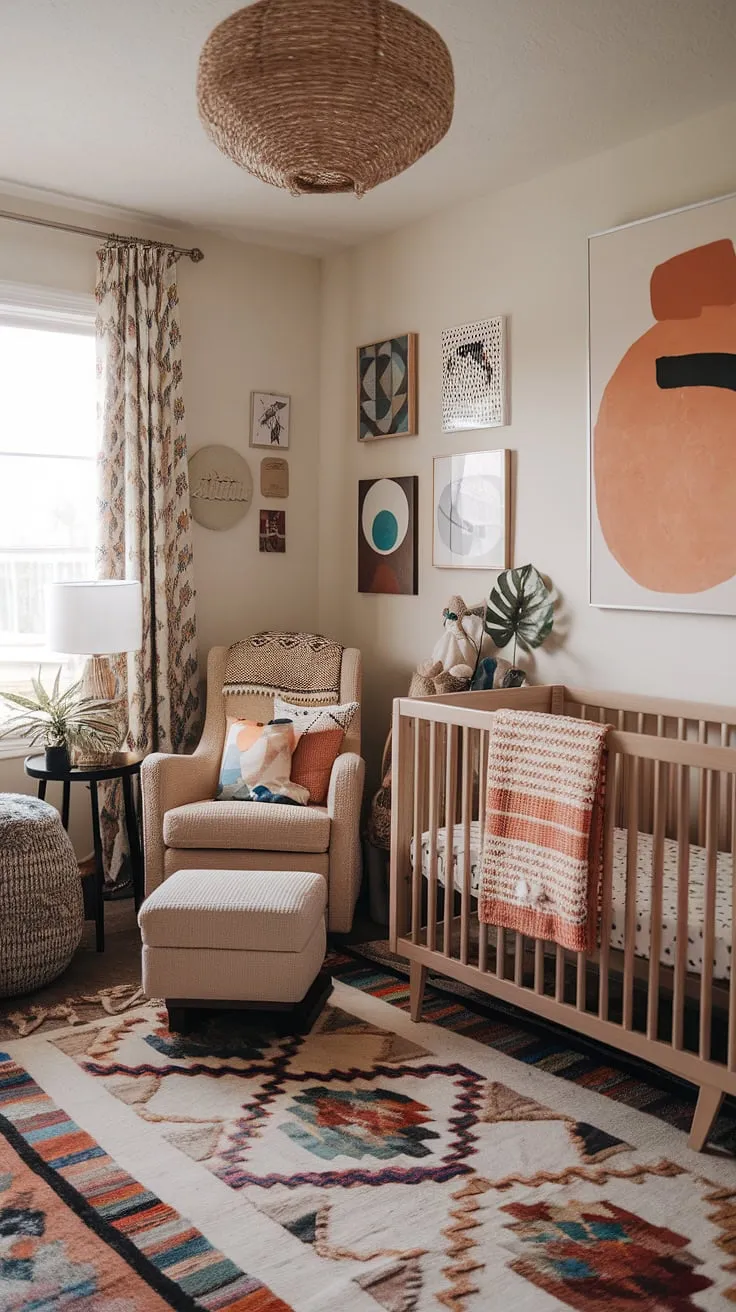 Dive into a world of whimsical wonder in this eclectic nursery, where colorful nursery aesthetic meets boho nursery ideas.  A maximalist nursery theme takes center stage, showcasing vibrant baby rooms and unique nursery concepts that create a truly unforgettable space for your little one.