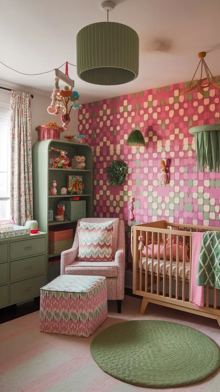 Dive into a world of vibrant baby rooms with this maximalist nursery theme.  Boho nursery ideas meet eclectic nursery decor in this colorful nursery aesthetic, resulting in a truly unique nursery concepts.  From the playful patterns to the carefully curated details, this whimsical baby nursery is a celebration of joy and imagination.