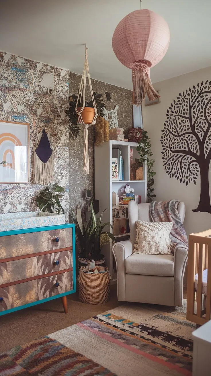 Dive into a world of vibrant baby rooms with this maximalist nursery theme.  Boho nursery ideas meet eclectic nursery decor in a playful, colorful nursery aesthetic, resulting in a unique nursery concept that's both whimsical and unforgettable.