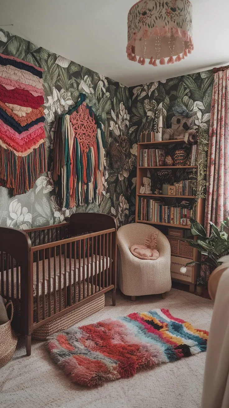 This eclectic nursery decor bursts with color and whimsy, a vibrant celebration of life's little joys.  Boho nursery ideas meet a maximalist nursery theme in this unique nursery concept, creating a colorful nursery aesthetic that's both playful and sophisticated.  A truly unforgettable space for a little one to grow.