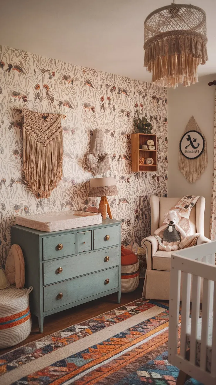 Step into a whimsical baby nursery where eclectic nursery decor meets a maximalist nursery theme.  Boho nursery ideas bloom in this vibrant baby room, showcasing a colorful nursery aesthetic and unique nursery concepts with every detail.