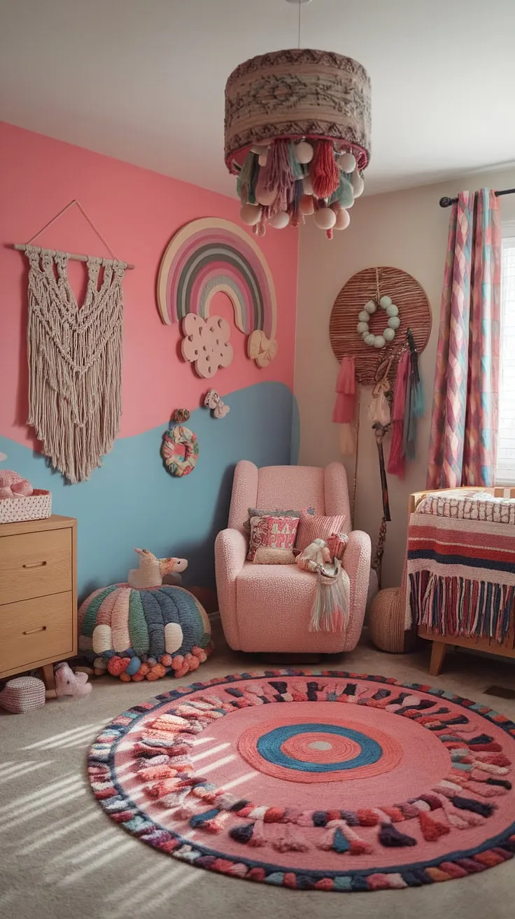 Dive into a world of vibrant baby rooms with this eclectic nursery decor.  Boho nursery ideas meet a maximalist nursery theme in this colorful nursery aesthetic, resulting in a unique nursery concept that's both playful and sophisticated.