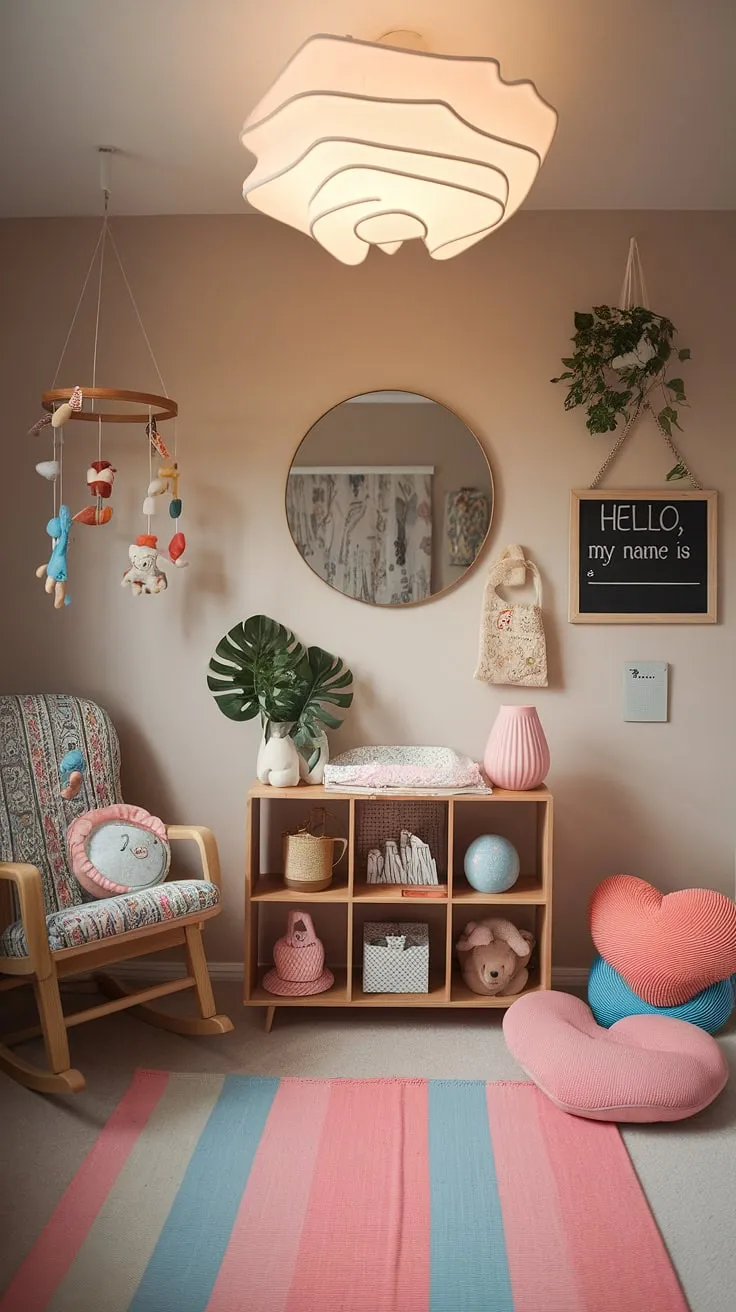 A whimsical baby nursery bursting with eclectic nursery decor and a colorful nursery aesthetic.  This maximalist nursery theme showcases unique nursery concepts, blending boho nursery ideas into a vibrant baby room unlike any other.