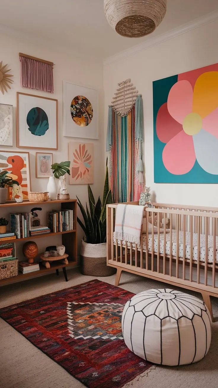 Dive into a world of vibrant baby rooms with this eclectic nursery decor.  Boho nursery ideas blend seamlessly with a maximalist nursery theme, creating a colorful nursery aesthetic and showcasing unique nursery concepts for a truly whimsical baby nursery.
