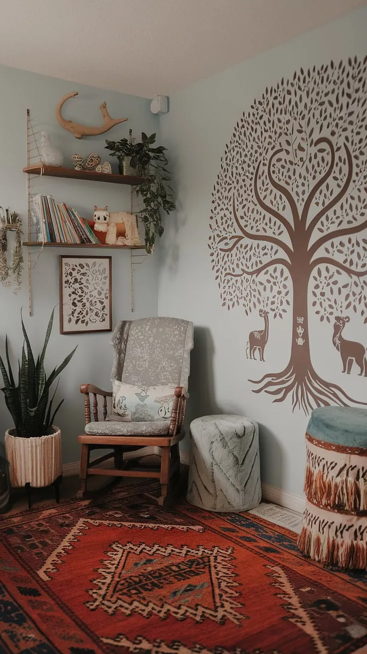 Dive into a world of vibrant baby rooms with this maximalist nursery theme.  Boho nursery ideas meet eclectic nursery decor in a playful, colorful nursery aesthetic, showcasing unique nursery concepts for a truly whimsical baby nursery.