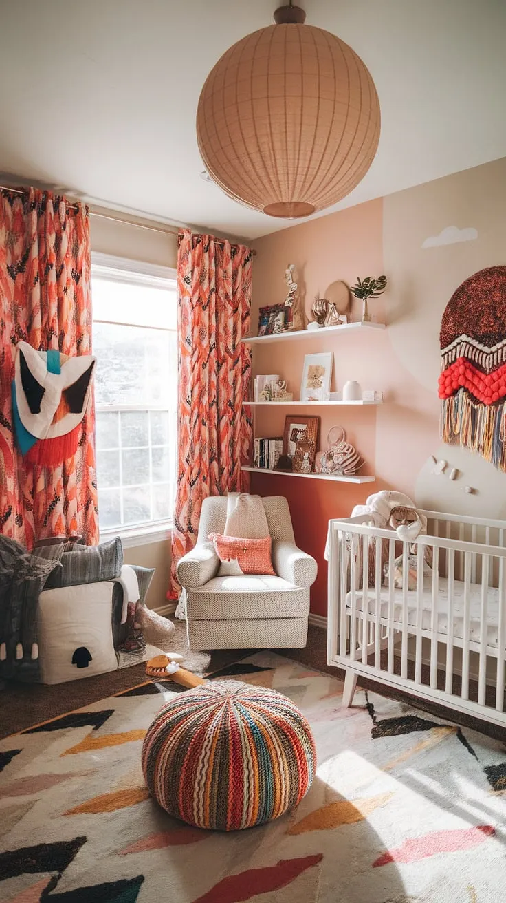 Dive into a world of vibrant baby rooms with this maximalist nursery theme.  Boho nursery ideas meet eclectic nursery decor in a playful, colorful nursery aesthetic, resulting in a unique nursery concept that's both whimsical and unforgettable.