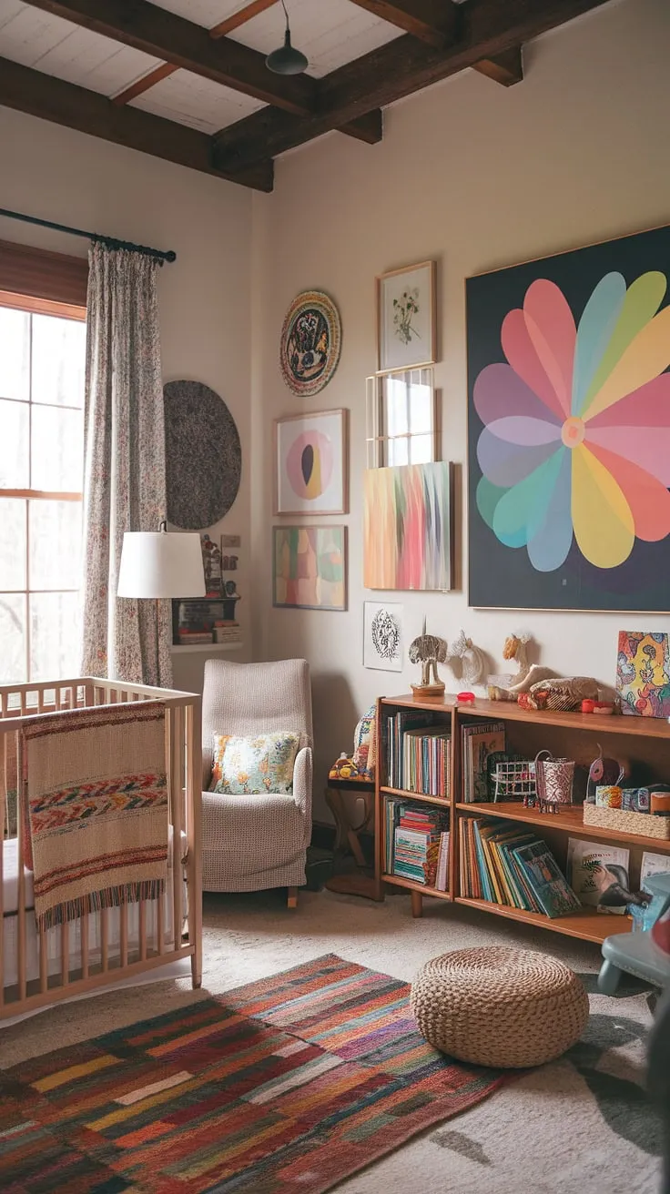 Dive into a world of wonder in this boho nursery, a haven of colorful nursery aesthetic and eclectic nursery decor.  Boho nursery ideas meet maximalist nursery theme in this vibrant baby rooms design, showcasing unique nursery concepts through playful patterns and artistic touches.  Every detail, from the woven blanket to the colorful artwork, contributes to a truly whimsical baby nursery.