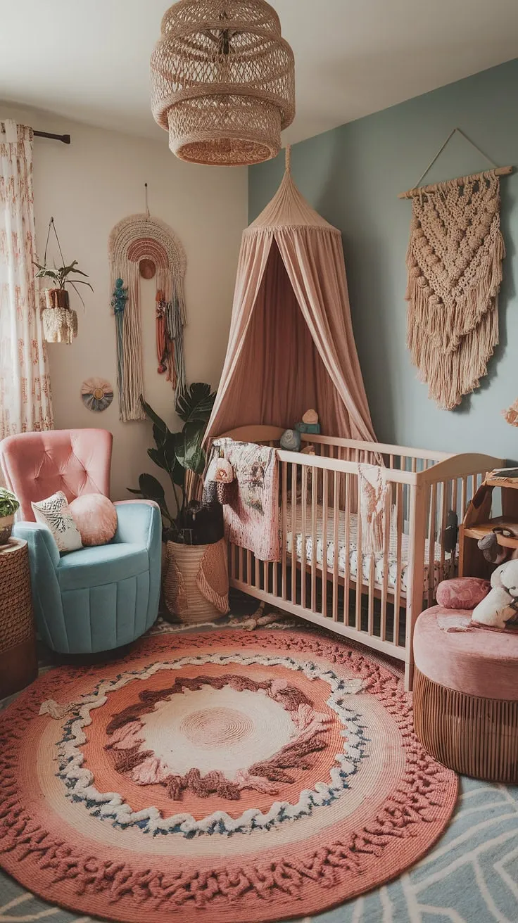 Dive into a world of vibrant baby rooms with this maximalist nursery theme.  Boho nursery ideas meet eclectic nursery decor in a playful, colorful nursery aesthetic, creating a unique nursery concept that's both whimsical and unforgettable.