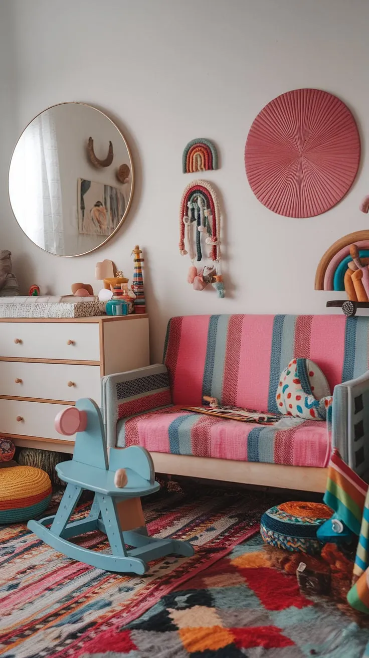 This whimsical baby nursery is a feast for the eyes!  Eclectic nursery decor takes center stage with its boho nursery ideas and maximalist nursery theme.  From the striped couch to the patterned rug, every detail contributes to the unique nursery concepts and colorful nursery aesthetic.  A vibrant baby rooms haven bursting with personality and charm.