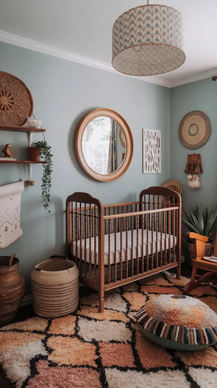This vibrant baby room is a testament to unique nursery concepts, blending boho nursery ideas with a maximalist nursery theme.  The eclectic nursery decor and colorful nursery aesthetic create a truly whimsical baby nursery, full of personality and playful details.
