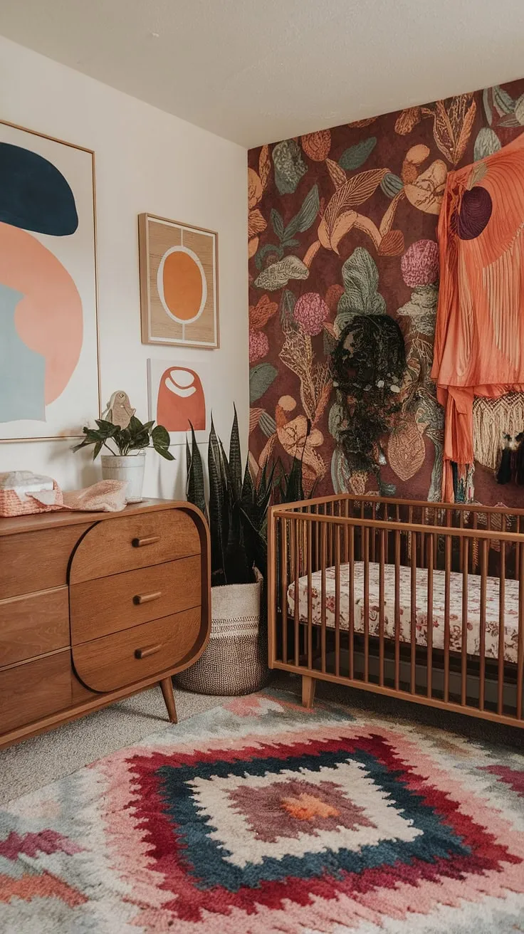 This maximalist nursery theme is a vibrant explosion of color and pattern, a testament to unique nursery concepts.  The eclectic nursery decor and boho nursery ideas create a whimsical baby nursery, a truly colorful nursery aesthetic that's bursting with personality.