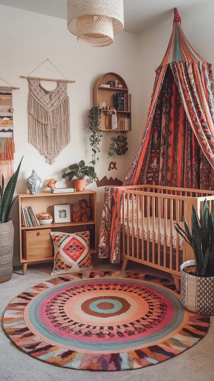 Dive into a world of vibrant baby rooms with this maximalist nursery theme.  Boho nursery ideas meet eclectic nursery decor in a playful, colorful nursery aesthetic, resulting in a unique nursery concept that's both whimsical and unforgettable.