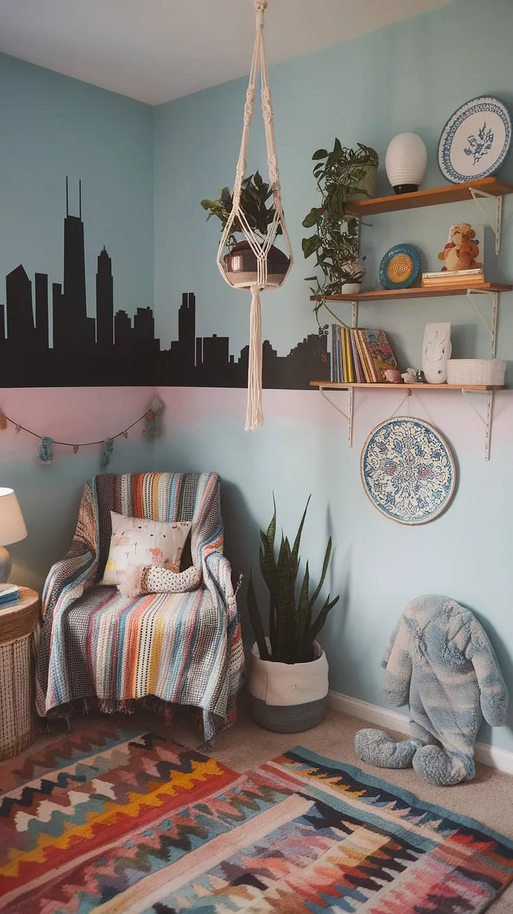 Dive into a world of vibrant baby rooms with this maximalist nursery theme.  Boho nursery ideas meet eclectic nursery decor in a playful, colorful nursery aesthetic, resulting in a unique nursery concept that's both whimsical and unforgettable.