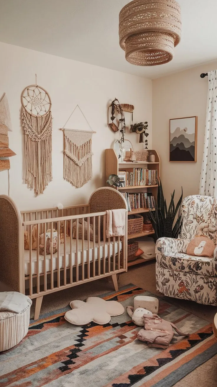 Dive into a world of vibrant baby rooms with this maximalist nursery theme.  Boho nursery ideas come alive in this eclectic nursery decor, creating a colorful nursery aesthetic that's both whimsical and wonderfully unique.  Explore the unique nursery concepts and let the playful mix of patterns and textures inspire your own design.