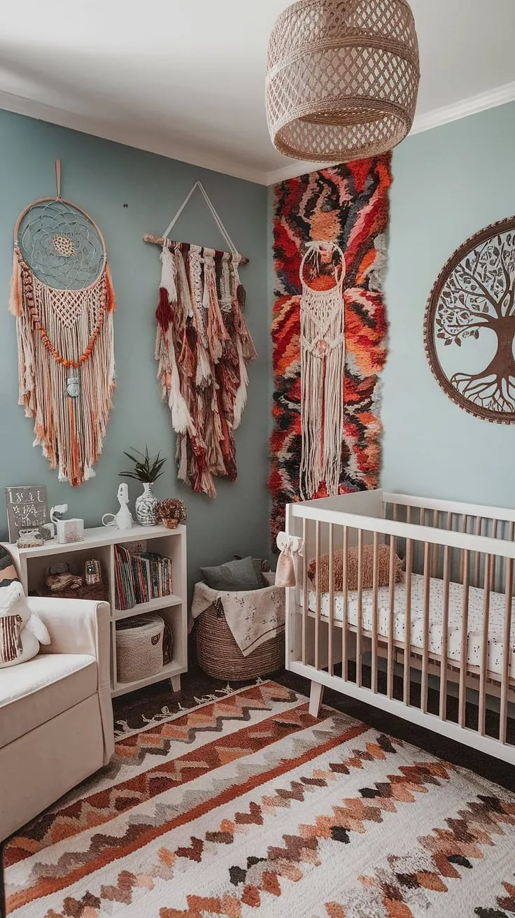 A whimsical baby nursery bursting with eclectic nursery decor and a colorful nursery aesthetic.  This maximalist nursery theme showcases unique nursery concepts, blending boho nursery ideas into a vibrant baby room that's truly one-of-a-kind.