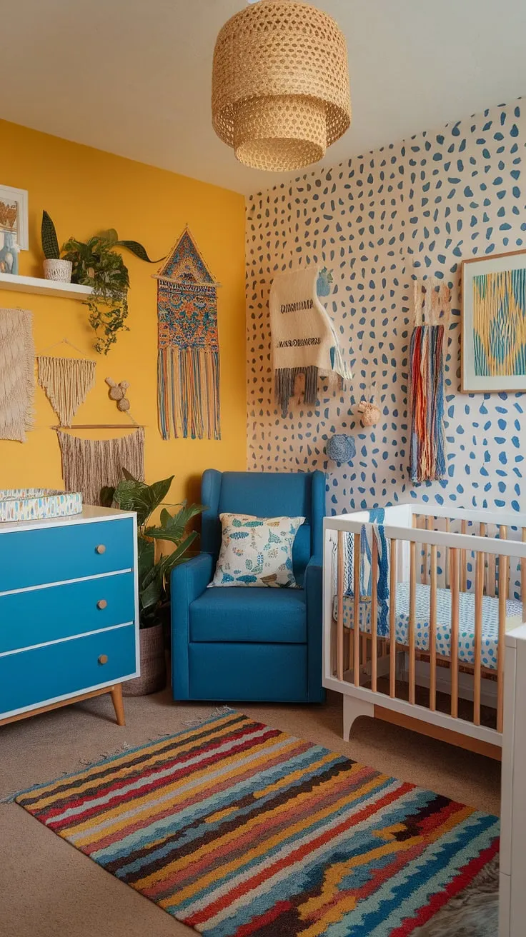 A whimsical baby nursery bursting with eclectic nursery decor and a colorful nursery aesthetic.  This maximalist nursery theme showcases unique nursery concepts and plenty of boho nursery ideas for a vibrant baby room.