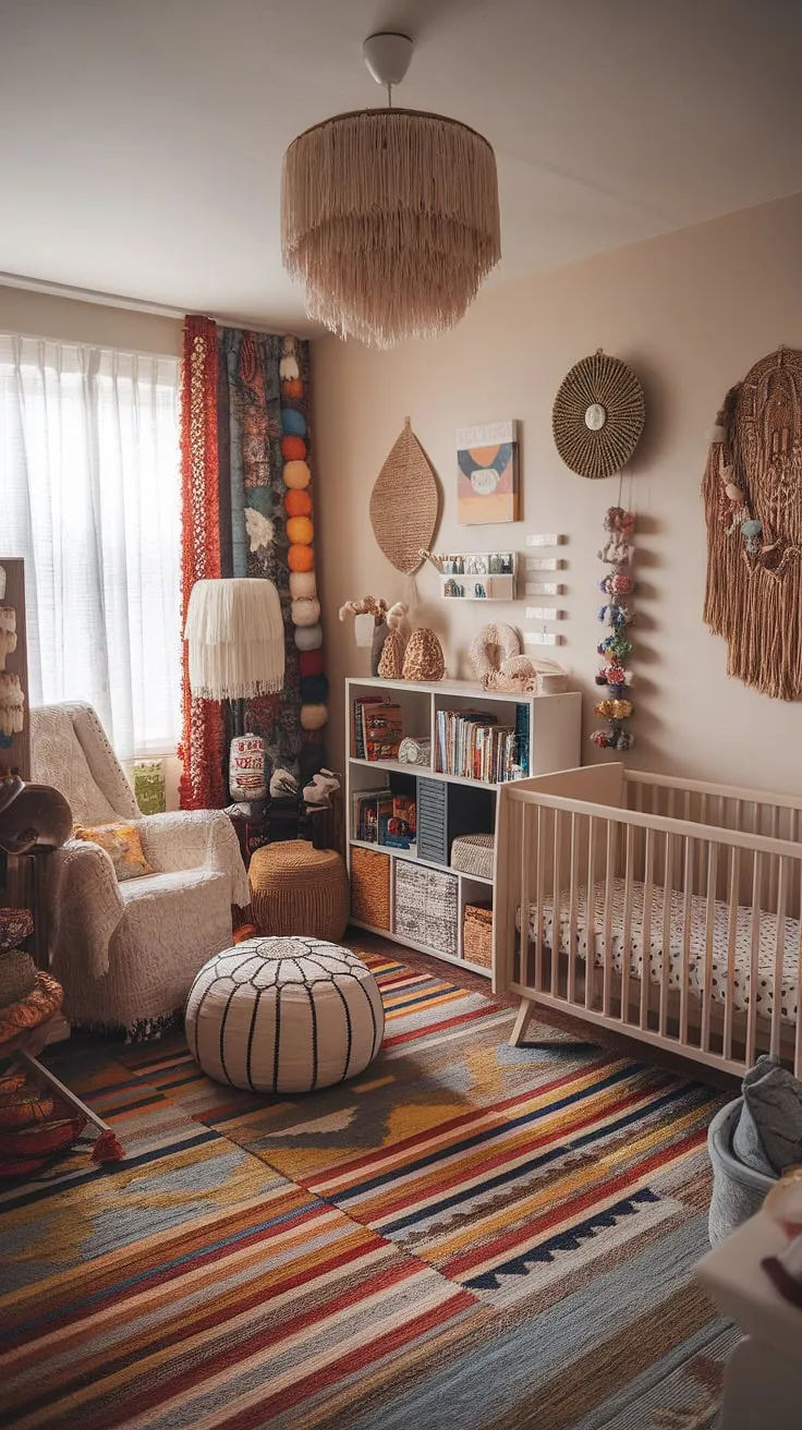 Dive into a world of unique nursery concepts with this maximalist nursery theme.  Boho nursery ideas collide with eclectic nursery decor in a vibrant explosion of color and pattern, creating a truly whimsical baby nursery and colorful nursery aesthetic that's anything but ordinary.