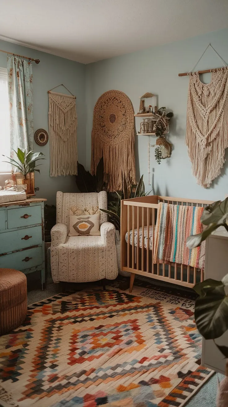 A whimsical baby nursery bursting with eclectic nursery decor and a colorful nursery aesthetic.  This maximalist nursery theme showcases unique nursery concepts, blending boho nursery ideas into a vibrant baby room that's truly one-of-a-kind.