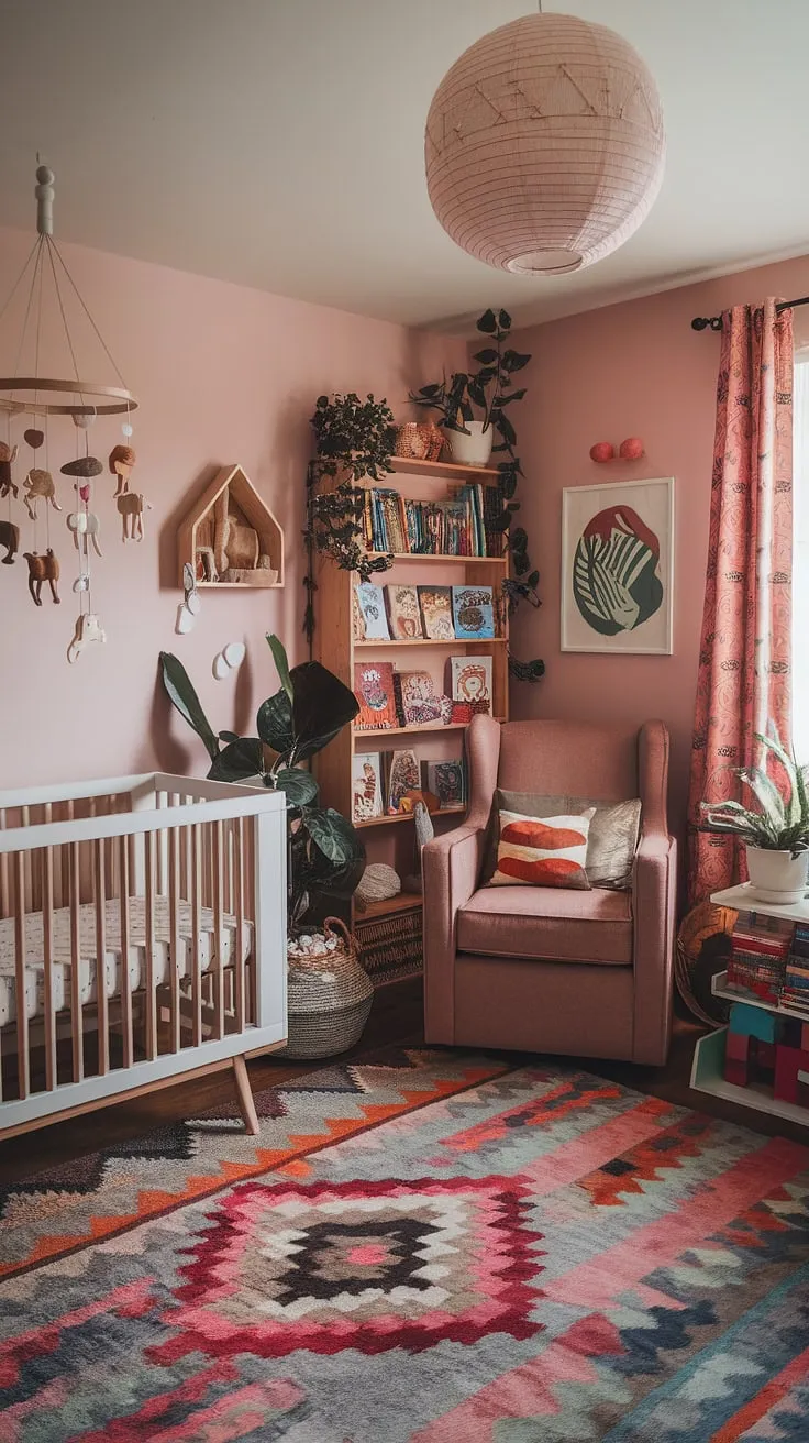 Dive into a world of vibrant baby rooms with this maximalist nursery theme.  Boho nursery ideas blend seamlessly with eclectic nursery decor to create a colorful nursery aesthetic and unique nursery concepts for a truly whimsical baby nursery.