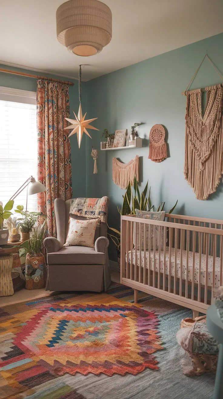 Dive into a world of vibrant baby rooms with this maximalist nursery theme.  Boho nursery ideas meet eclectic nursery decor in this colorful nursery aesthetic, creating a unique nursery concept that's both whimsical and unforgettable.