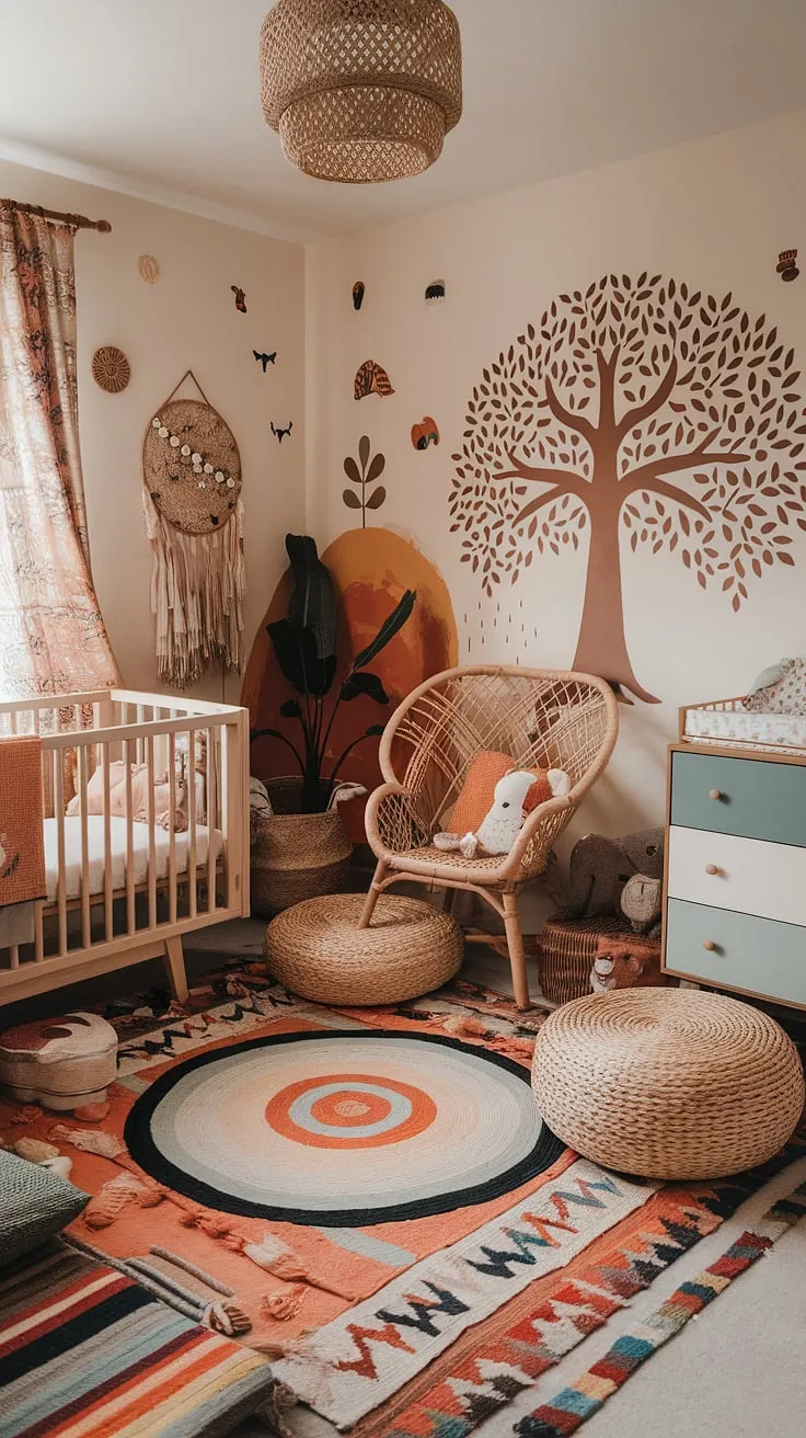 This eclectic nursery decor bursts with color and whimsy, a vibrant celebration of life's little joys.  Boho nursery ideas meet a maximalist nursery theme in this unique nursery concept, creating a colorful nursery aesthetic that's both playful and sophisticated. A truly whimsical baby nursery, brimming with personality.