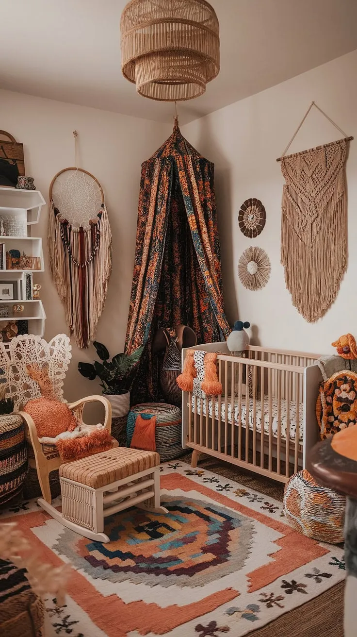 Dive into a world of vibrant baby rooms where eclectic nursery decor meets boho charm. This maximalist nursery theme is a feast for the eyes, overflowing with colorful nursery aesthetic and unique nursery concepts.  Find endless inspiration for your own whimsical baby nursery with these boho nursery ideas.