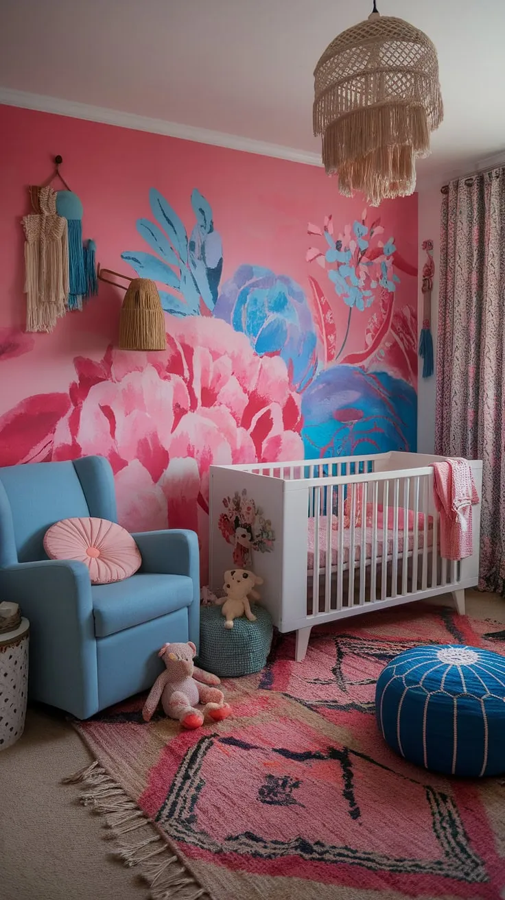 Step into a world of whimsical wonder: this eclectic nursery decor bursts with a colorful nursery aesthetic, blending boho nursery ideas and maximalist nursery theme for a truly unique nursery concept.  Vibrant baby rooms don't get much more captivating than this.