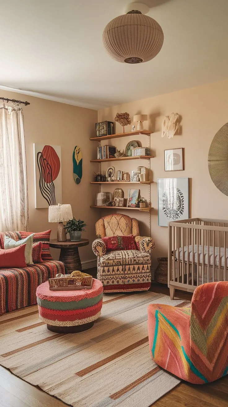 This vibrant baby room is a testament to the beauty of maximalist nursery themes.  With eclectic nursery decor and boho nursery ideas at its heart, this whimsical baby nursery overflows with unique nursery concepts and a colorful nursery aesthetic.  Every detail, from the patterned chair to the vintage lamp, contributes to a space that's both stimulating and serene.