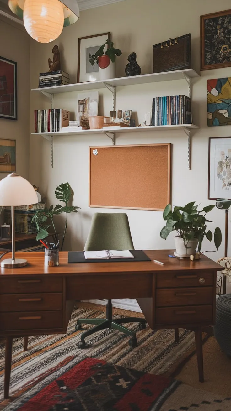 My maximalist office ideas came to life in this cozy bohemian office.  A mid-century modern desk anchors the space, while eclectic touches and carefully curated bookshelves create a vibrant study room perfect for graphic design and academic design pursuits. This tiny home office is proof that even a small space can be a haven of creative energy.