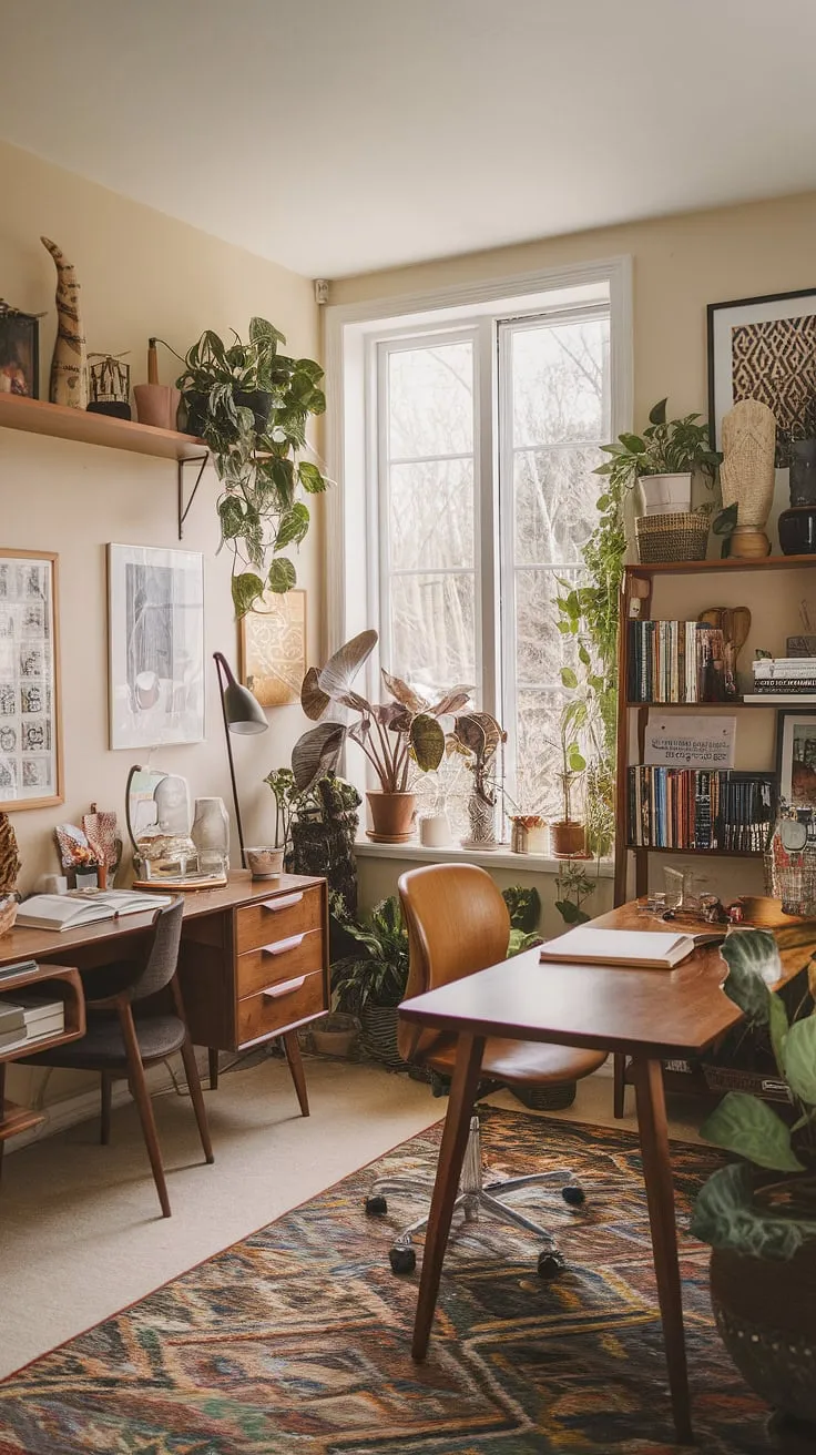 This maximalist office, a bohemian haven brimming with mid-century office ideas, is my sanctuary.  The eclectic office design, perfect for a graphic design office or study room, proves that even a tiny home office can be a space of inspiring academic design and boundless creativity.