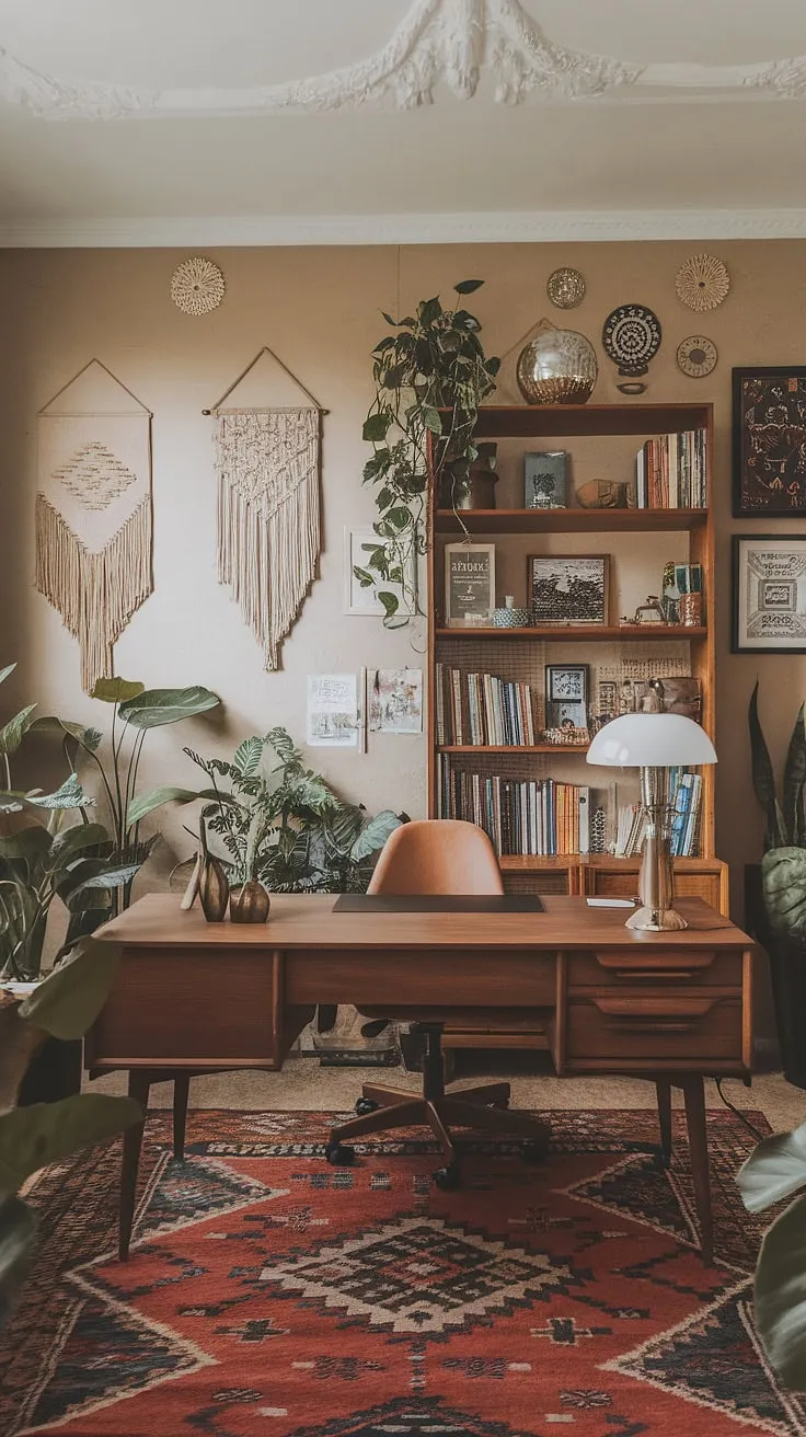 This eclectic office, a blend of mid-century modern and bohemian styles, proves that even a tiny home office can be a maximalist haven.  The academic design, complete with a well-stocked bookshelf and vintage lamp, inspires creativity, perfect for a graphic design office or any study room needing a boost of personality.