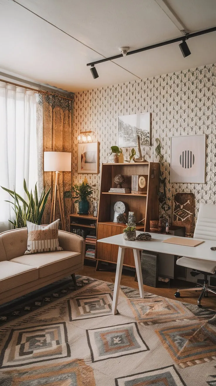 My eclectic home office, a vibrant blend of mid-century modern and bohemian influences, is where academic design meets maximalist office ideas.  This tiny home office, doubling as a study room and graphic design workspace, is a testament to the power of personality in even the smallest spaces.
