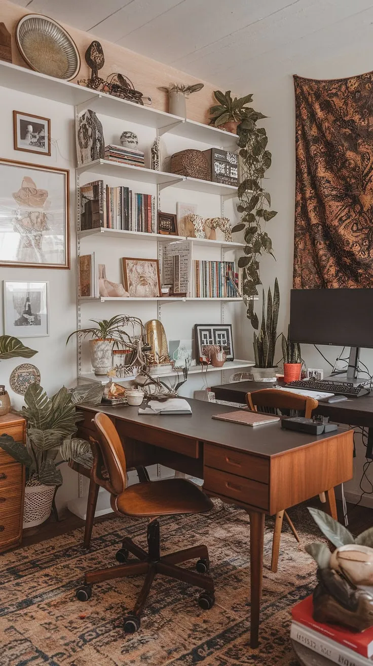 This eclectic home office, a vibrant blend of mid-century office ideas and bohemian flair, proves that even a tiny home office can be a maximalist masterpiece.  The academic design elements and graphic design office aesthetic create a truly inspiring study room.