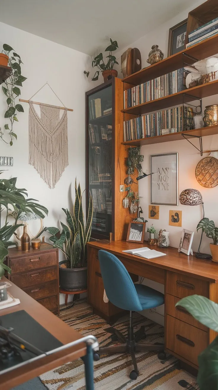 This eclectic home office, a vibrant blend of mid-century office ideas and bohemian flair, proves that even a tiny home office can be a maximalist masterpiece.  The academic design and graphic design elements create a study room bursting with personality.