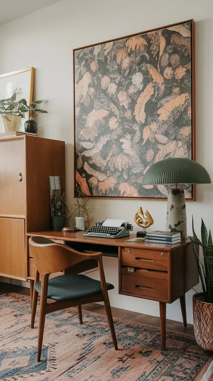 My bohemian office, a haven for creativity.  This mid-century office design balances a maximalist aesthetic with a cozy, tiny home office feel.  Perfect for graphic design work, the space blends academic design elements with eclectic touches, creating the ultimate study room.