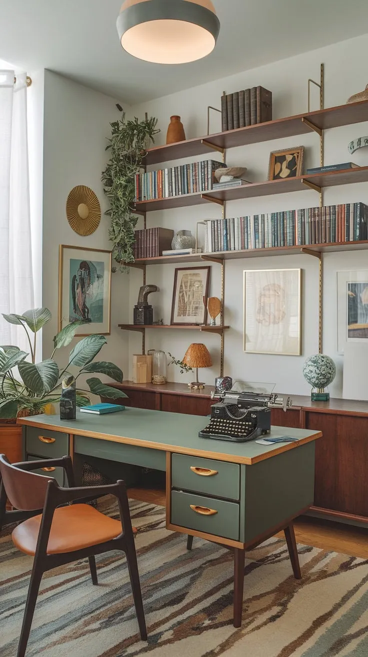 My bohemian office: a maximalist haven where mid-century office ideas meet modern functionality. This tiny home office, brimming with eclectic style, is my creative sanctuary—a study room designed for both focused work and inspired daydreaming.  The graphic design office aesthetic is just a bonus.