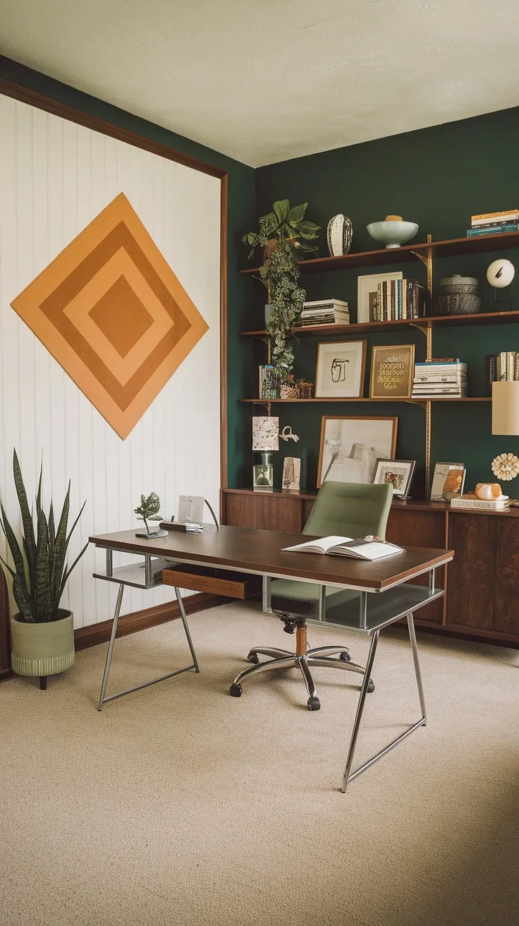 Mid-century office ideas meet bohemian charm in this captivating study room.  The dark green wall, white and wood paneling, and richly textured furnishings create a maximalist office space perfect for a graphic designer.  This tiny home office is a testament to how eclectic office design can be both stylish and functional.
