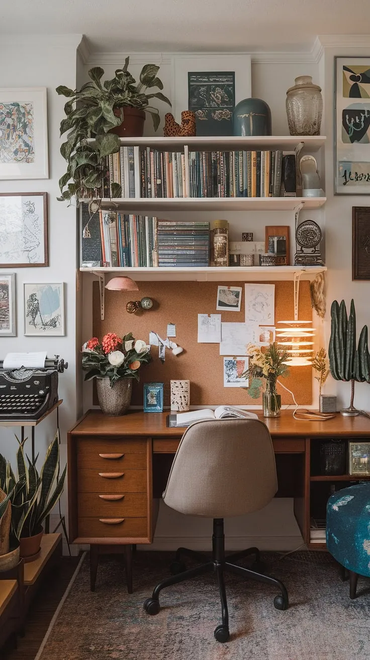 This tiny home office proves that maximalism and functionality can coexist beautifully.  The eclectic mix of mid-century office ideas, academic design elements, and bohemian touches creates a vibrant and inspiring study room, perfect for a graphic design office or any creative professional.  A testament to clever space planning and maximalist office ideas.