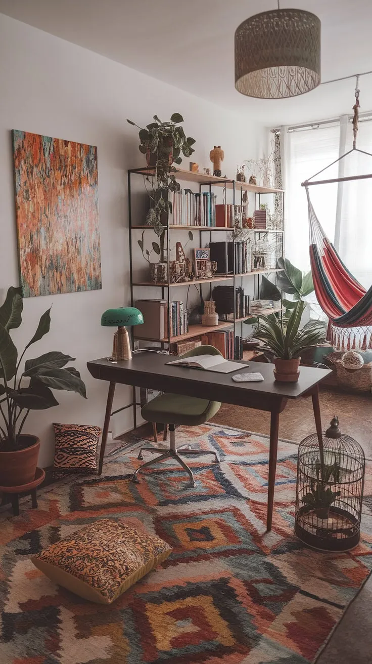 A maximalist dream come true! This bohemian office, brimming with eclectic charm and mid-century office ideas, transforms a small space into a productive and stylish study room. Perfect for graphic design work, it showcases the power of academic design in a tiny home office.