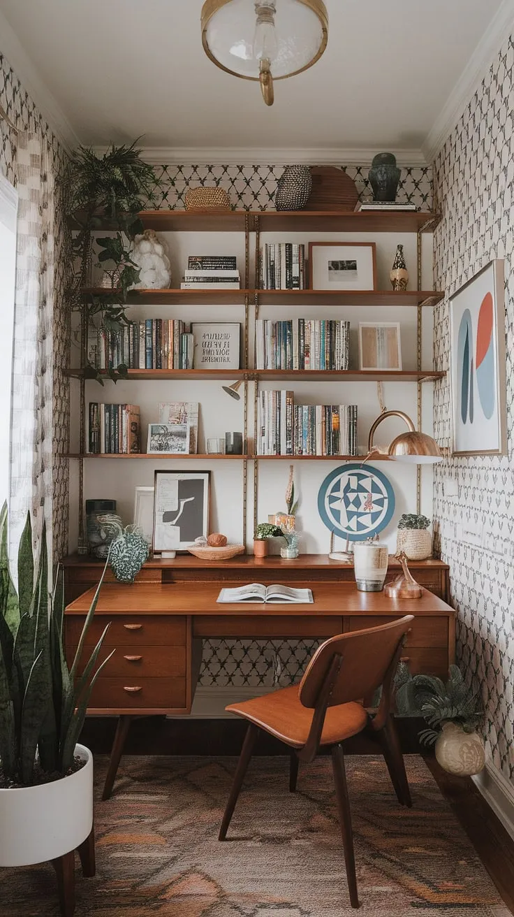 A maximalist dream realized: this bohemian office showcases eclectic style with mid-century modern touches.  Perfect for graphic design work, this tiny home office is a study room brimming with academic design inspiration.